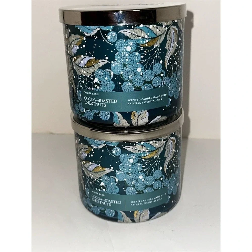 White Barn Cocoa-Roasted Chestnuts 3-Wick Scented Candle 14.5oz Lot of 2 Teal